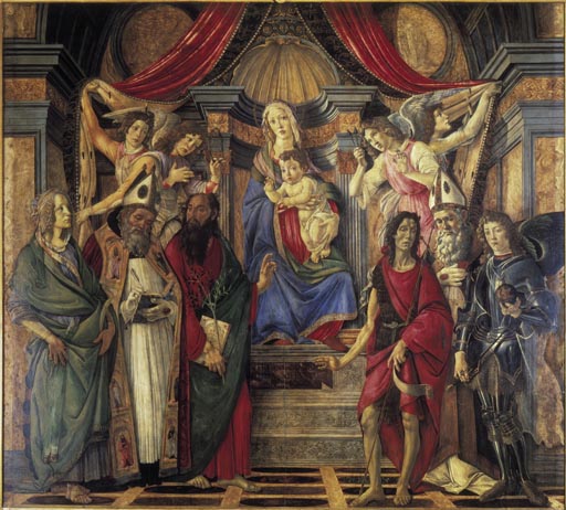 Thronende Madonna mit dem Kinde, Engeln und den Heiligen Katharina von Alexandrien, Augustinus, Barn van Sandro Botticelli