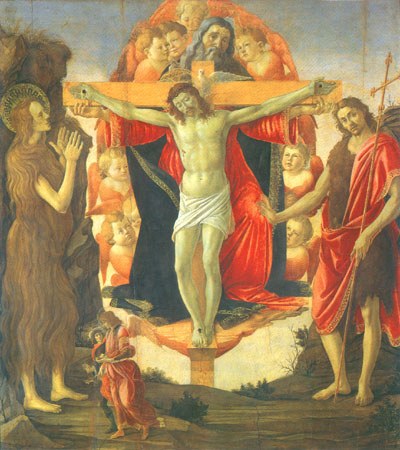 Trinität mit Maria Magdalena, Johannes dem Täufer und Tobias mit dem Engel van Sandro Botticelli