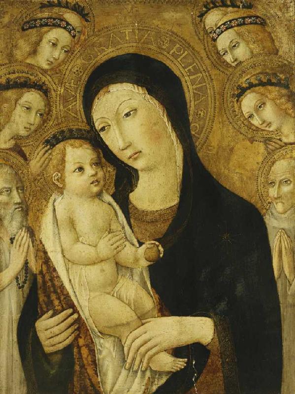 Madonna mit Kind und den Heiligen Antonius der Große und Bernhardin von Siena, umgeben von Engeln. van Sano di Pietro