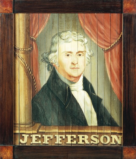 An important tavern sign depicting Thomas Jefferson and James Madison (oil on louvred slats) van (school of) Edward Hicks