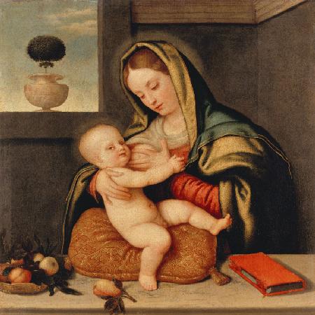 De heilige Maagd, die de borst aan het Kind Jezus geeft.
