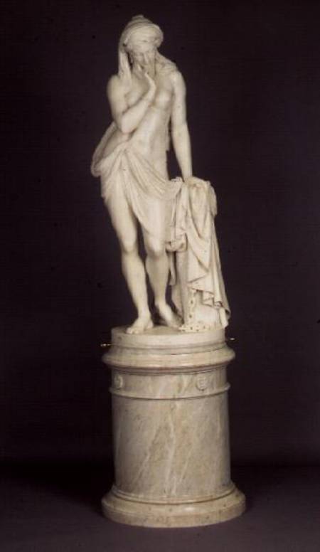 `Greek Slave Girl', on a circular pedestal, marble sculpture van Scipio  Tadolini