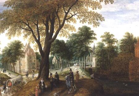 Elegant Horsemen and figures on a path in front of a chateau van Sebastian Vrancx