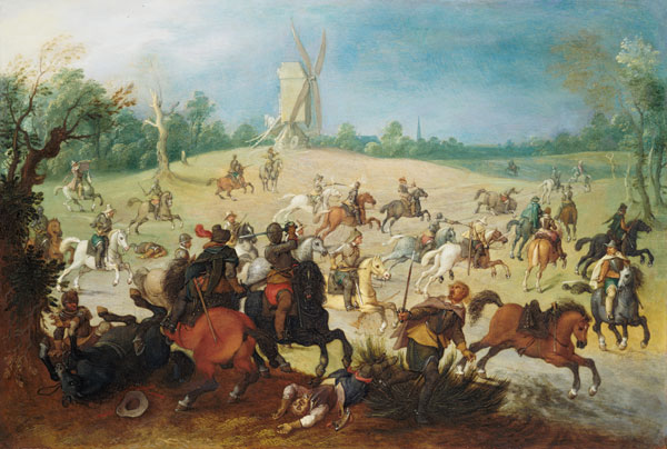 A cavalry battle in a wooded valley before a windmill van Sebastian Vrancx