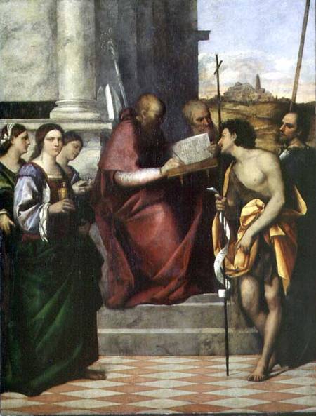 St. John Chrysostomos with SS. Paul, Liberalis, John the Baptist, Cecilia, Catherine and Mary Magdal van Sebastiano del Piombo