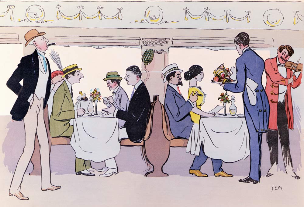 Restaurant Car in the Paris to Nice Train, 1913 (colour litho) van Sem