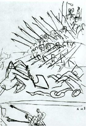 The Battle of the Lake, sketch of a scene from the film Alexander Nevsky, 1938 (pen & ink on paper) 