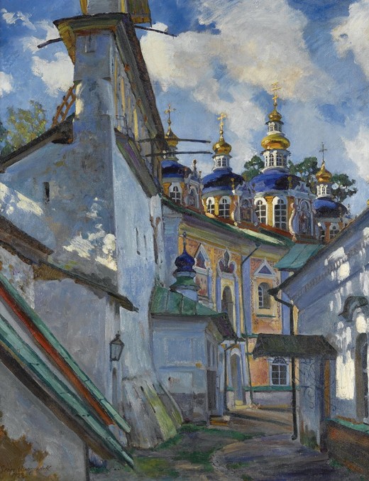 View of the Pskovo-Pechersky Monastery van Sergej Arsenjewitsch Winogradow