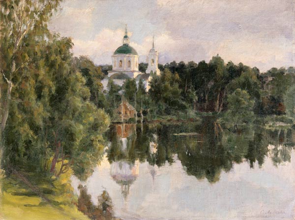 Blick über den Fluss auf ein russisches Kloster van Sergej Dimitir Miloradowitsch