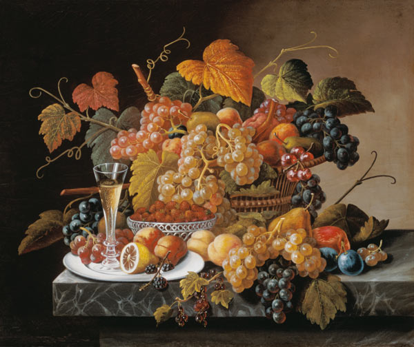 Weintraubenstilleben mit Sektglas. van Severin Roesen