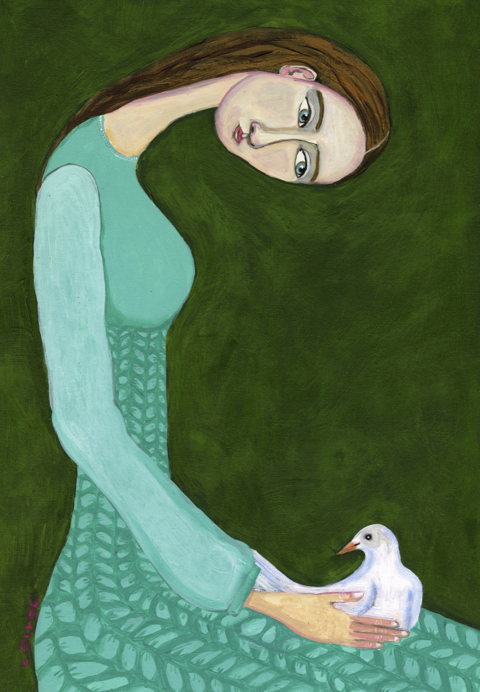 Lady sitting with white dove bird woman van Sharyn Bursic