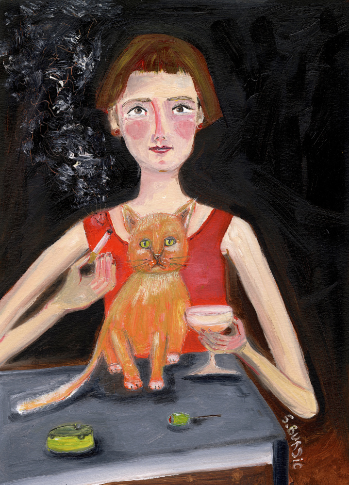 Vintage woman with cocktail and cat van Sharyn Bursic