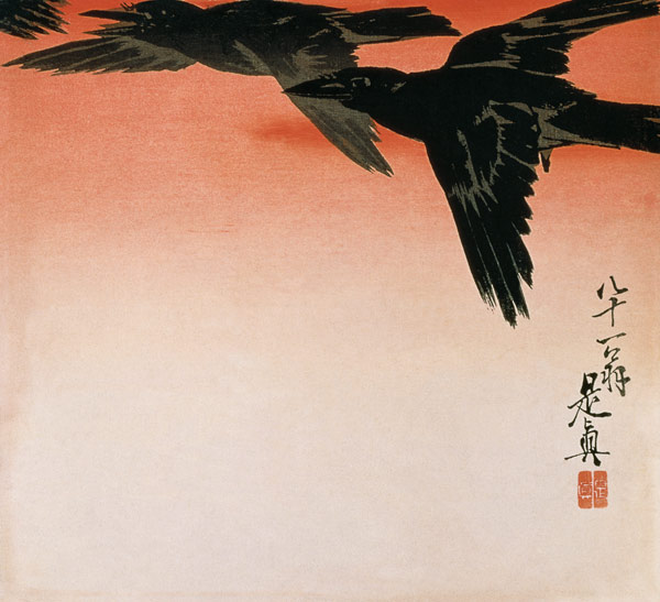 Crows in flight in a red sky van Shibata Zeshin