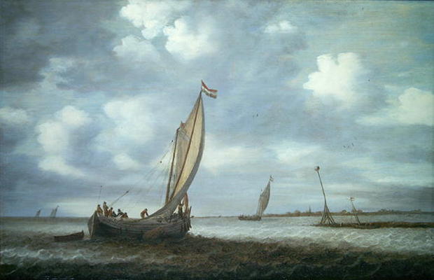 Ships in an Estuary (oil on canvas) van Simon Jacobsz. Vlieger