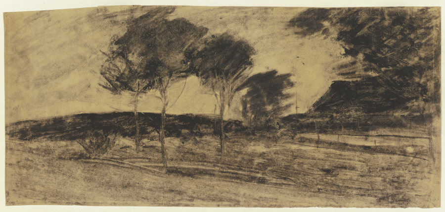 Landschaft, links kleiner Hügel, davor drei Bäume, rechts Haus van Sion Longley Wenban