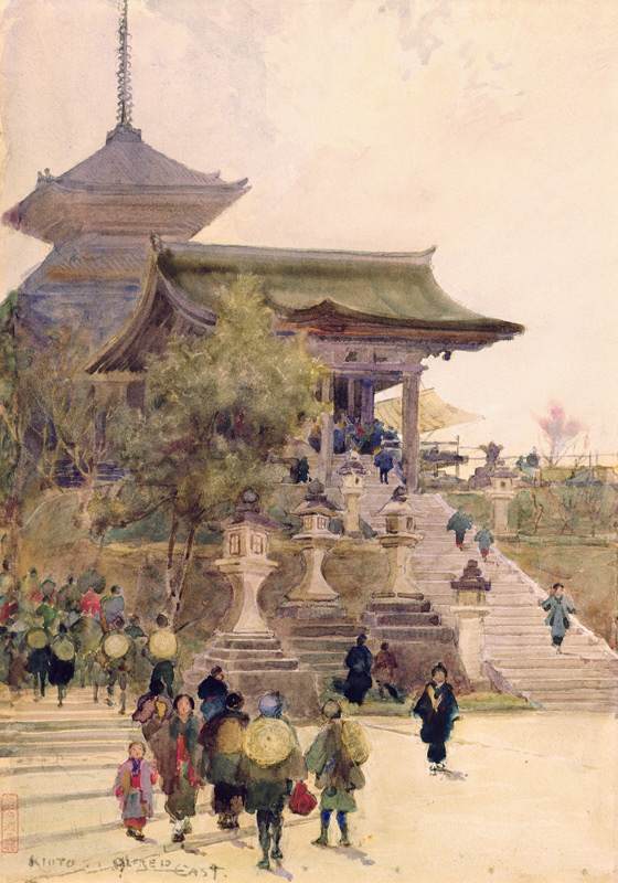 The Entrance to the Temple of Kiyomizu-Dera, Kyoto, with Pilgrims ascending van Sir Alfred East
