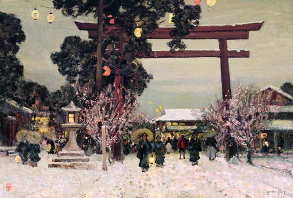 View of a Shinto Shrine van Sir Alfred East