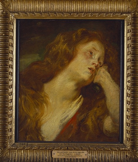 A young woman, bust length, resting her head on her hand (oil on paper laid down on panel) van Sir Anthony van Dyck