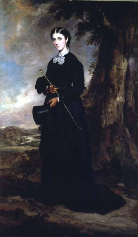 Young woman wearing a black riding habit and standing in a landscape van Sir Francis Grant