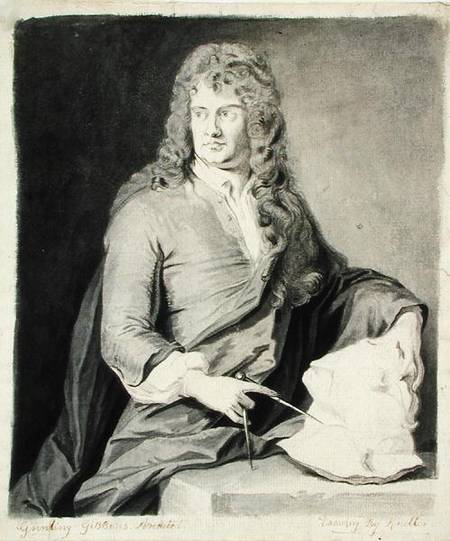 Portrait of Grinling Gibbons (1648-1721) van Sir Godfrey Kneller