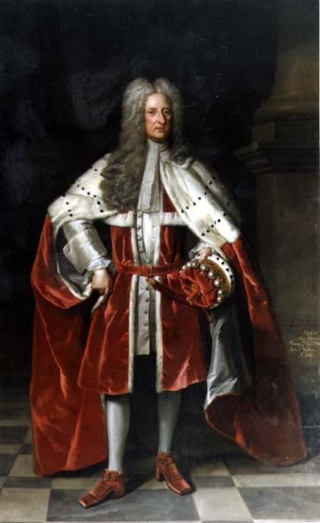 Portrait of Henry, 1st Viscount St. John (1652-1742) in his coronation robes van Sir Godfrey Kneller