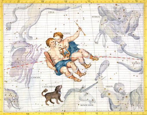 Constellation of Gemini with Canis Minor, plate 13 from 'Atlas Coelestis', by John Flamsteed (1646-1 van Sir James Thornhill