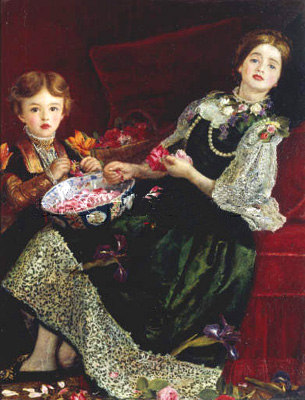 Alice Gray, die Schwägerin des Künstlers und ein kleiner Nachbarsjunge beim Abzupfen von Rosenblüten van Sir John Everett Millais