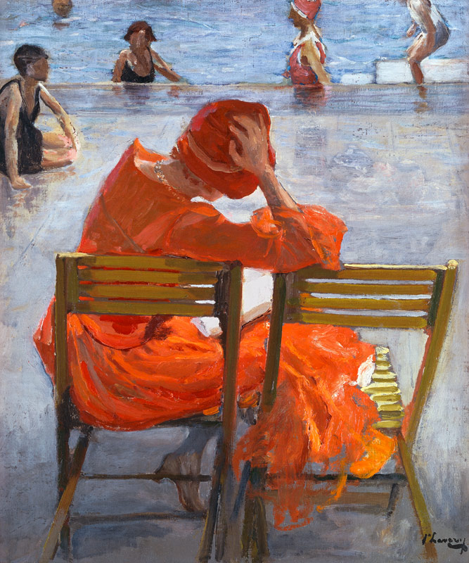 Junge Frau in einem roten Kleid an einem Swimming Pool van Sir John Lavery