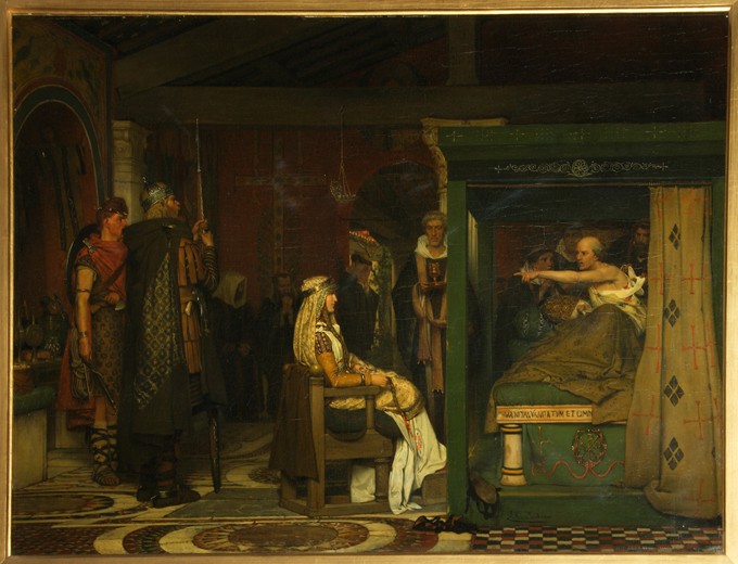 Fredegund visits Bishop Prætextatus on his deathbed van Sir Lawrence Alma-Tadema