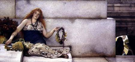 Spring Flowers: Garland Seller on the Steps of the Temple van Sir Lawrence Alma-Tadema