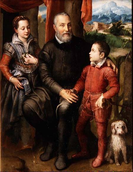 Portrait of the artist's family, Minerva (sister) Amilcare (father) and Asdrubale (brother) van Sofonisba Anguisciola