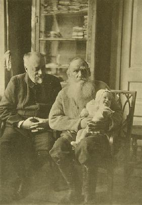 Leo Tolstoy with the son-in-law Mikhail Sukhotin and granddaughter Tatiana