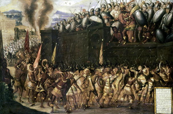 Montezuma (1466-1547), captured by the Spaniards, pleads with the Aztecs to surrender as they attack van Spanish School, (16th century)