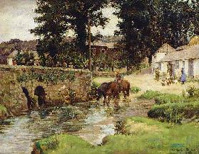 Tränken der Pferde an Dorfbach (Watering the Horses in the Village Stream)