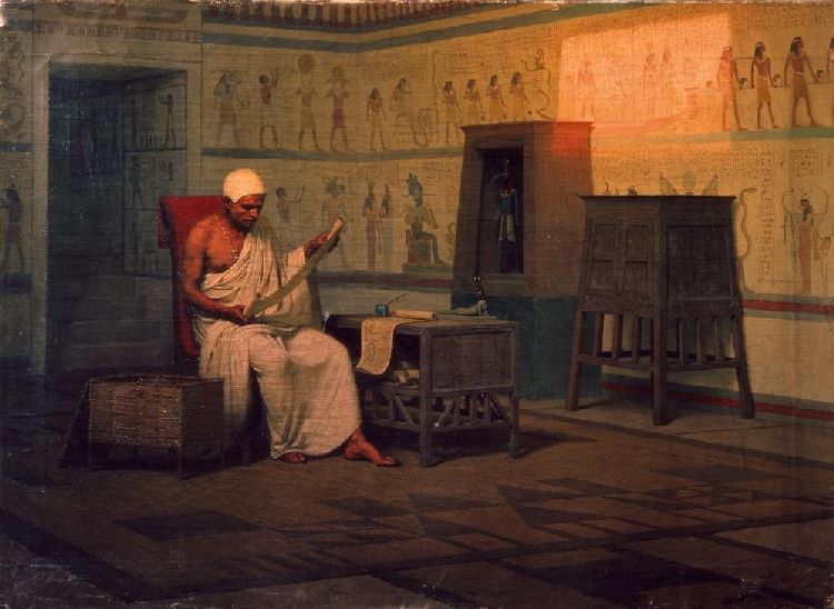 Egyptian priest reading a papyrus van Stepan Wladislawowitsch Bakalowitsch