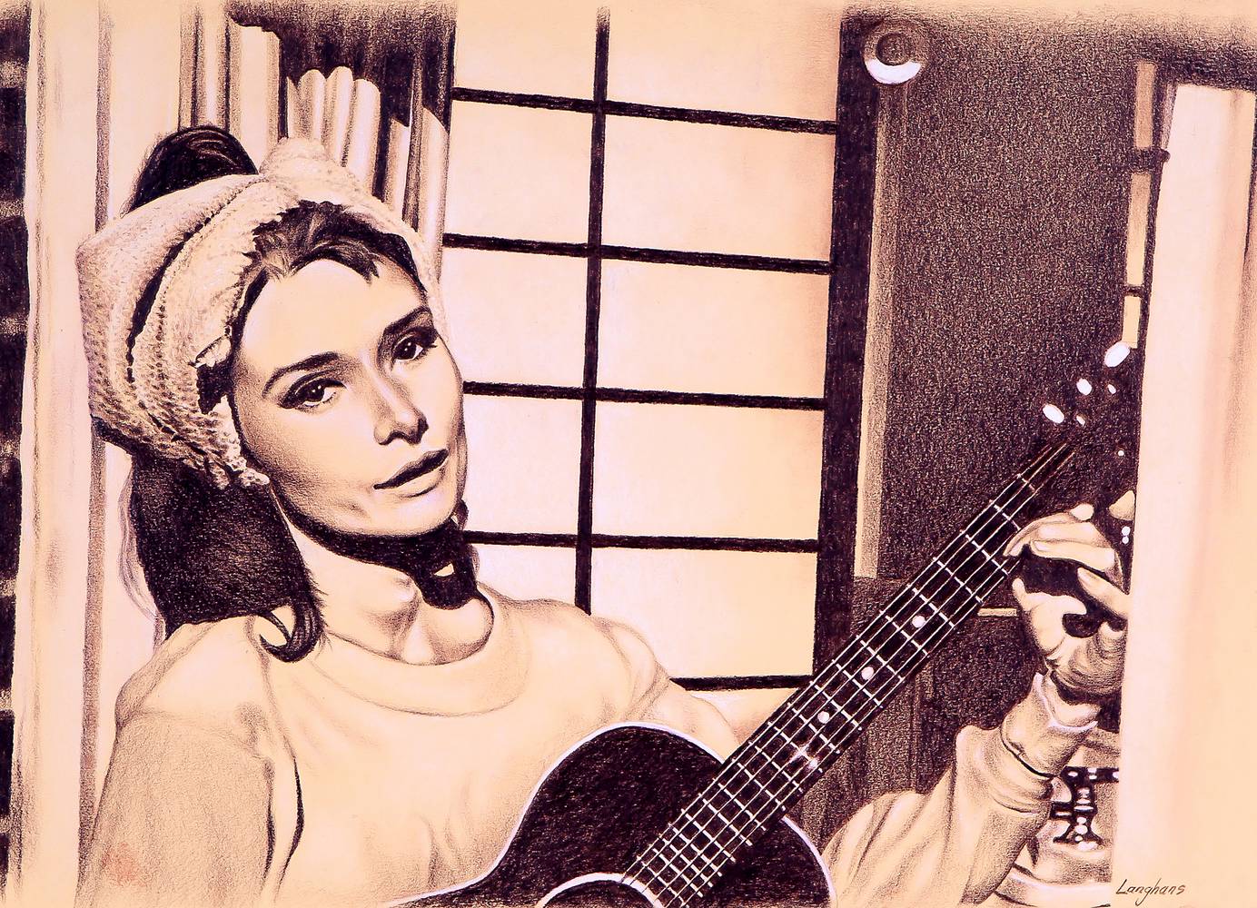 Audrey Hepburn speelt gitaar van Stephen Langhans