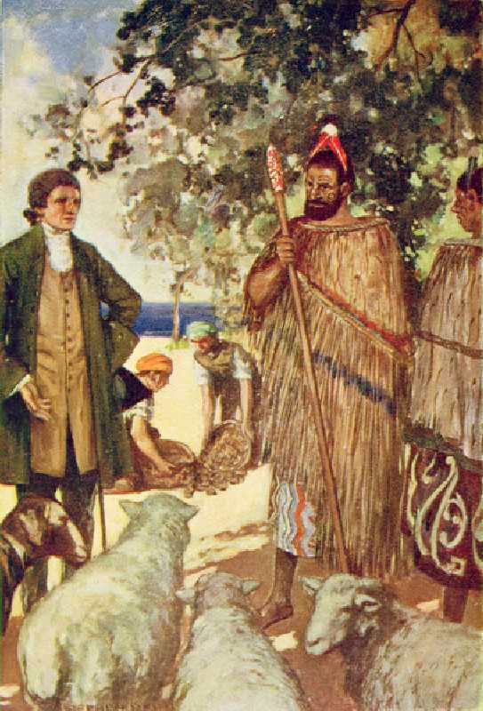 Captain Cook (1728-79) presents the natives with some sheep and goats, illustration from The Book of van Stephen Reid