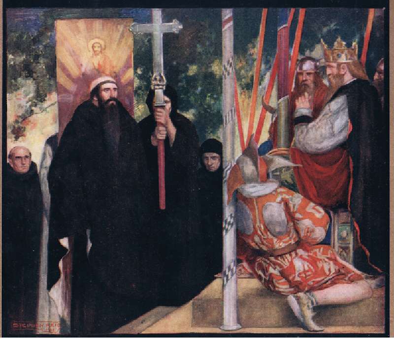 The Reception of Saint Augustine by Ethelbert (colour litho) van Stephen Reid