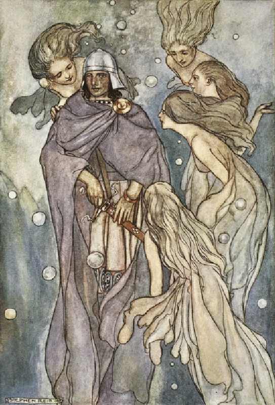 There dwelt the red-haired ocean-nymphs, illustration from The High Deeds of Finn, and other Bardic  van Stephen Reid