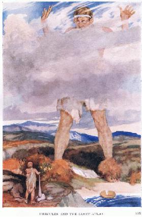 Hercules and the giant Atlas, 1938 (colour litho)