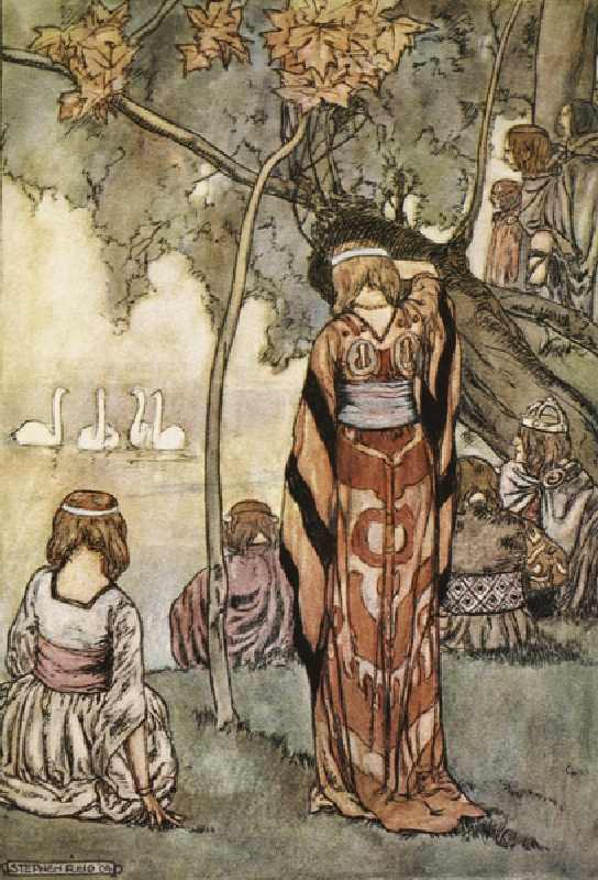They made an encampment and the swans sang to them, illustration from The High Deeds of Finn, and ot van Stephen Reid