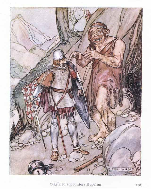 Siegfried encounters Kuperan (colour litho) van Stephen Reid