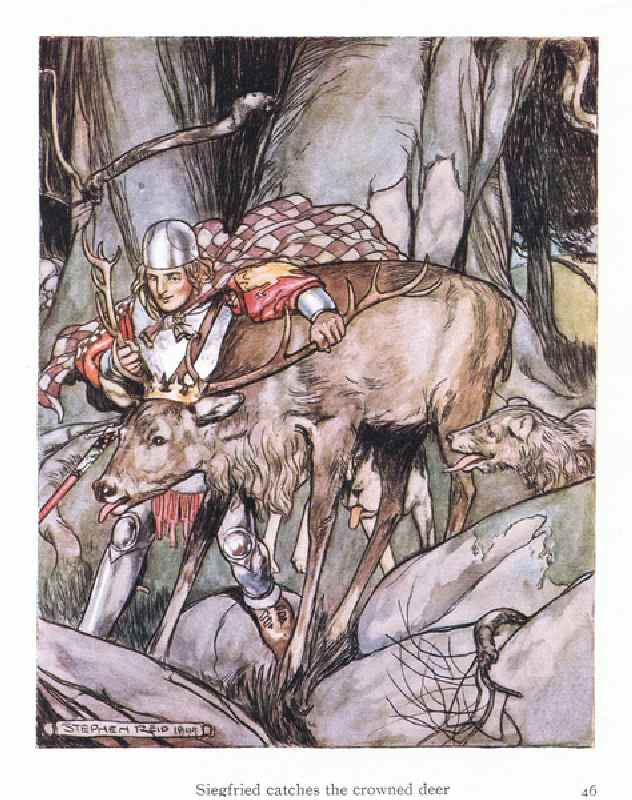Siegried catches the crowned deer (colour litho) van Stephen Reid