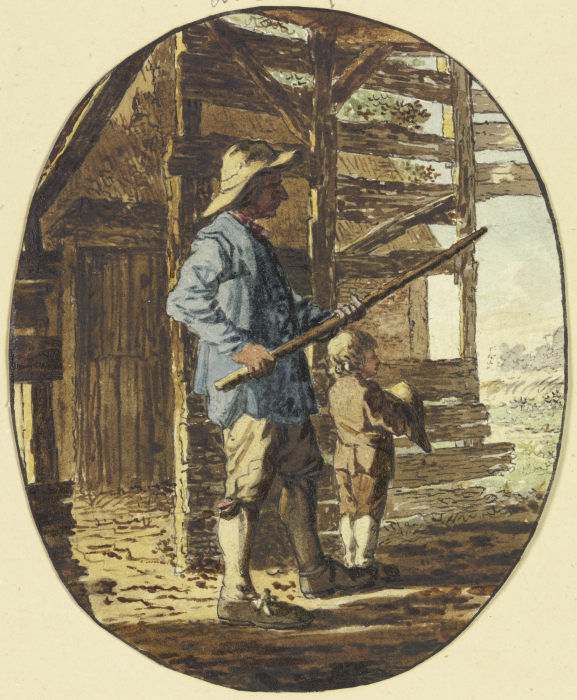 In einem Bretterverschlag steht ein Mann mit einem Stock in abwehrender Haltung, vor ihm ein Knabe,  van Steven Goblé