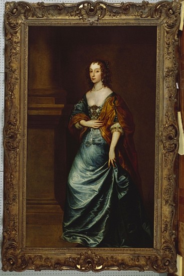 Portrait of Mary Villiers, Duchess of Lennox and Richmond, in a blue dress and brown wrap by a colum van (studio of) Sir Anthony van Dyck
