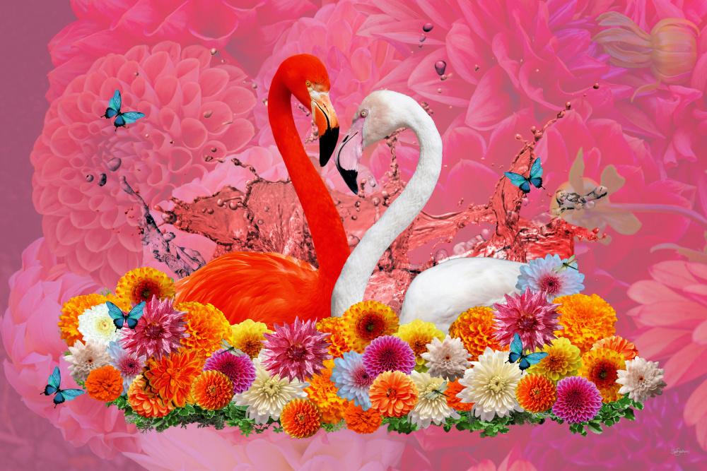 Flamingo &amp; Dahlias Spring van Sue Skellern
