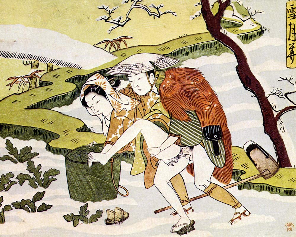 Shunga (Erotic woodblock print) From the Series "Setsugekka" (Snow, moon and flower) van Suzuki Harunobu