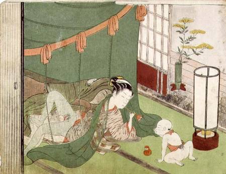 A 'Shunga', from a series of twenty four erotic prints: lovers, with child looking on, 1725-70 van Suzuki Harunobu