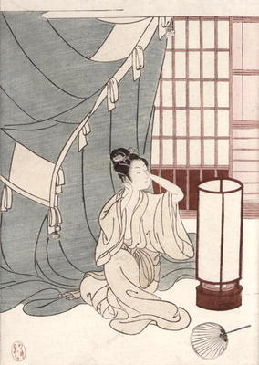 Young woman kneeling by her mosquito net, 1766 (colour woodblock print) van Suzuki Harunobu