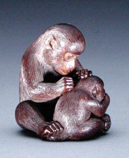 Netsuke depicting a mother monkey and her son van Suzuki Tokuku